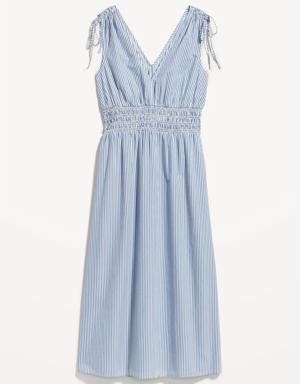 Fit & Flare Sleeveless Striped Tie-Shoulder Smocked Maxi Dress for Women blue