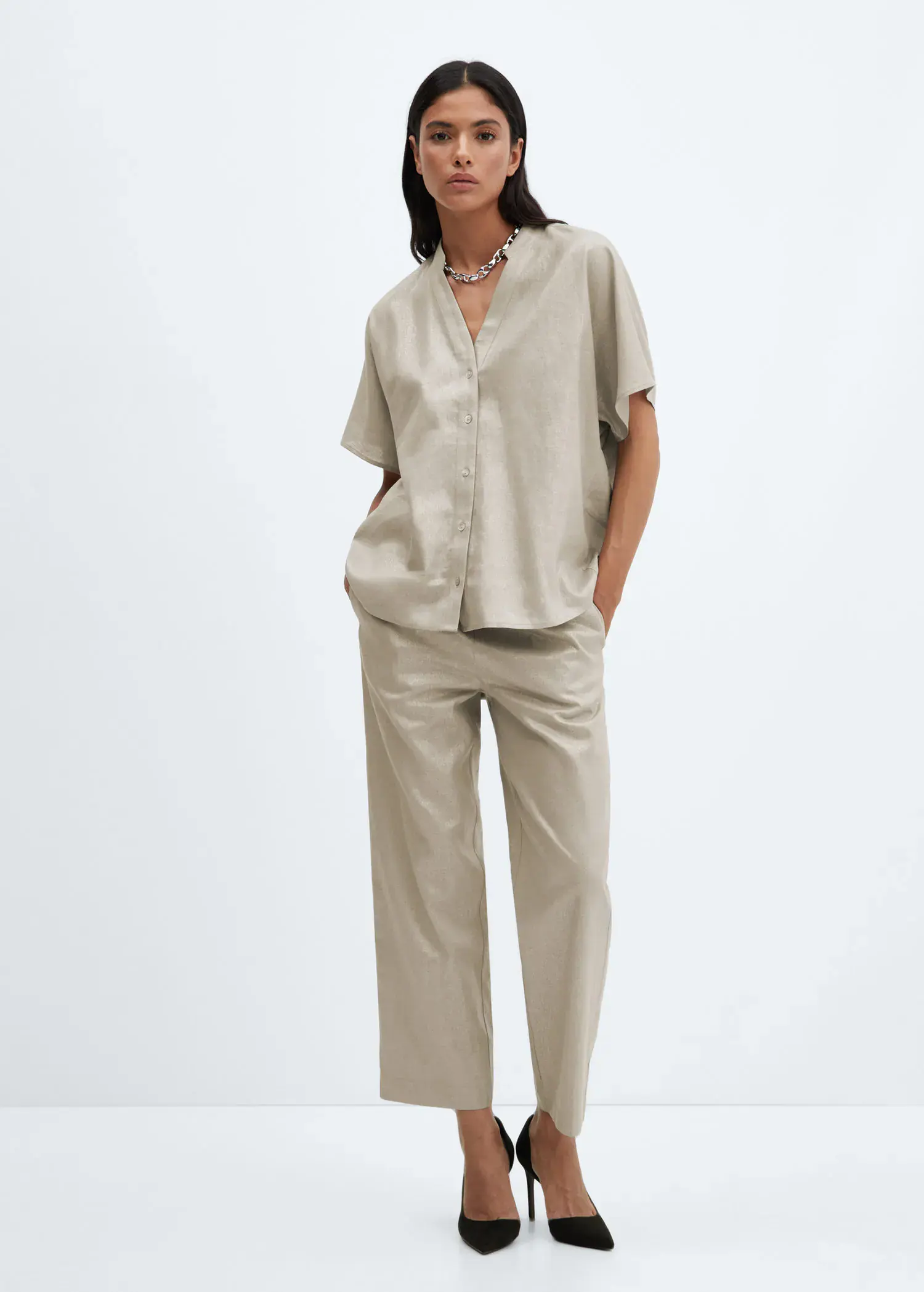 Mango Linen-blend elastic waist trousers. 1