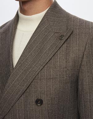 Damat Regular Fit Kahverengi Çizgili %100 Yün Kruvaze Takim Elbise