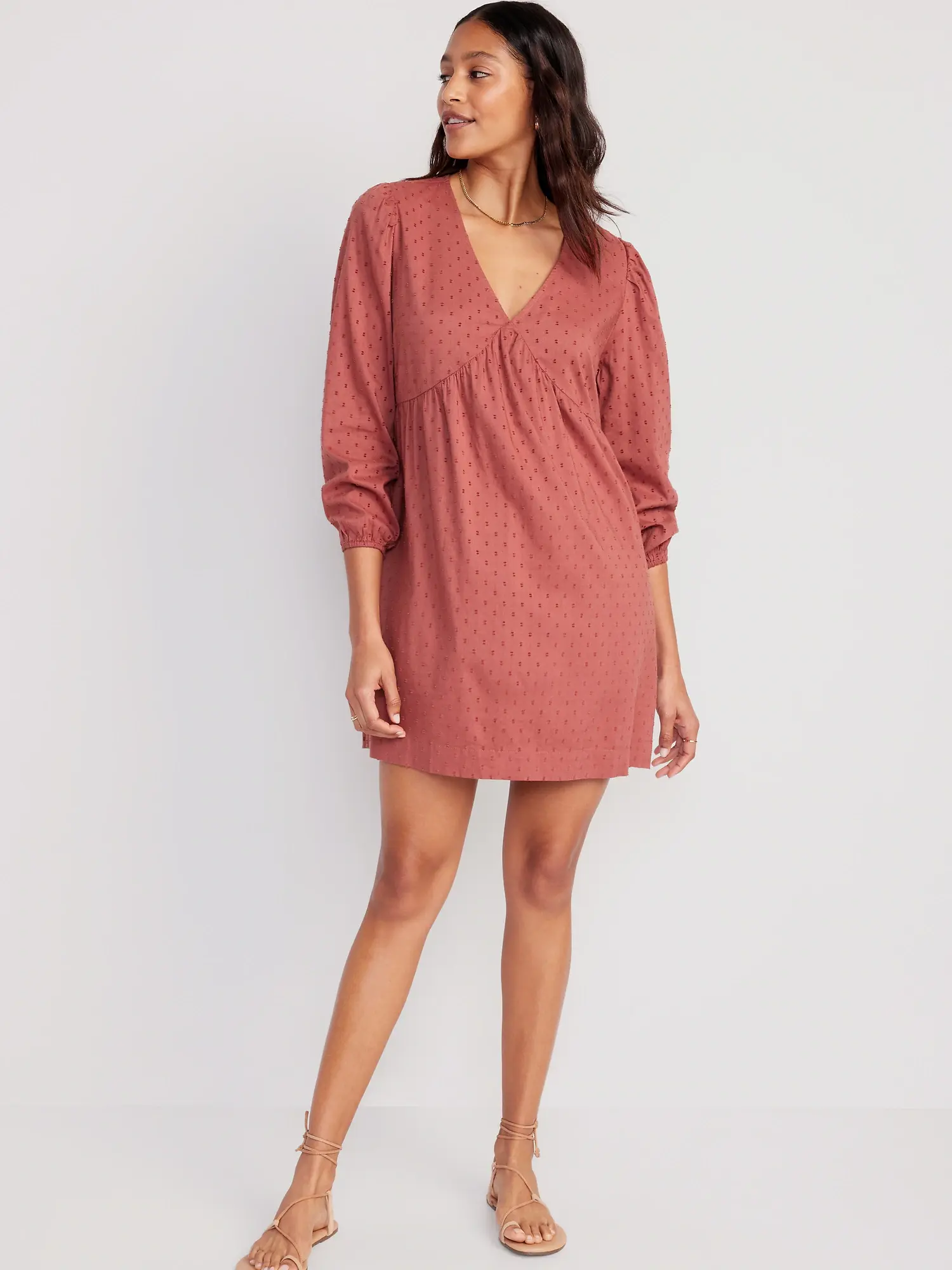 Old Navy Long-Sleeve V-Neck Clip-Dot Mini Swing Dress for Women red. 1