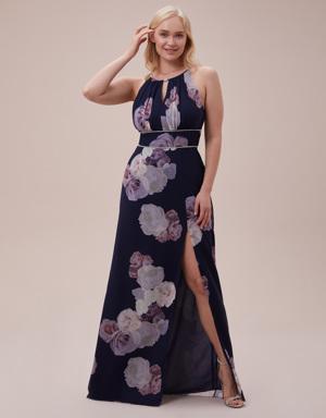 Lacivert Çiçek Desenli Halter Yaka Şifon Uzun Büyük Beden Elbise