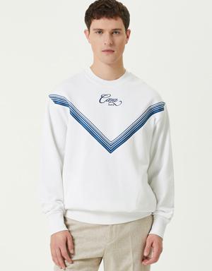 Beyaz Şeritli Logolu Organik Pamuk Sweatshirt
