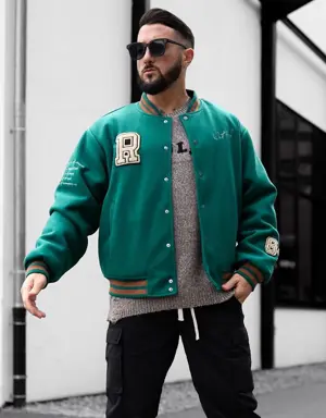 Forever 21 Embroidered Varsity Letterman Jacket Hunter Green