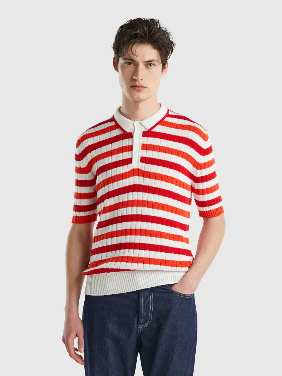 Benetton red and white striped knit polo. 1