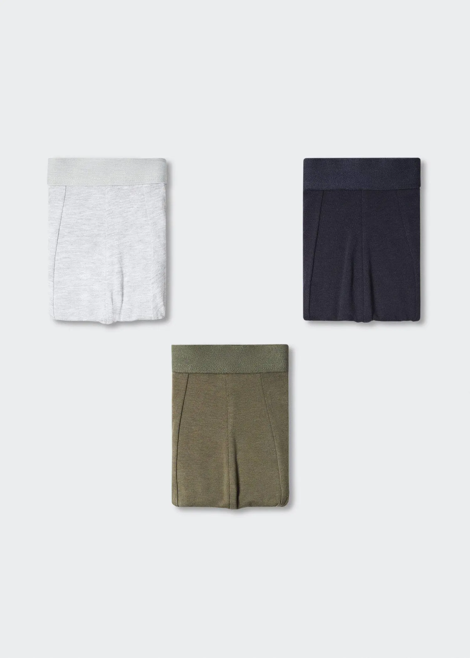Mango 3-pack cotton boxers. three pairs of shorts on a white wall. 
