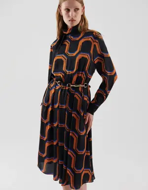 Retro Scarf Collar Printed Casual Dress - 4 / Original