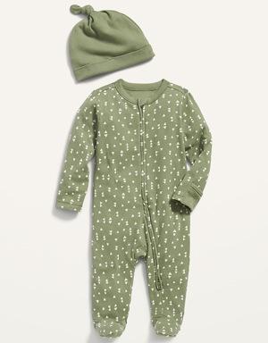 Unisex Sleep & Play 2-Way-Zip Footed One-Piece and Beanie Layette Set for Baby