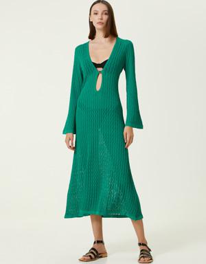 Yeşil Derin V Yaka Dokulu Midi Elbise