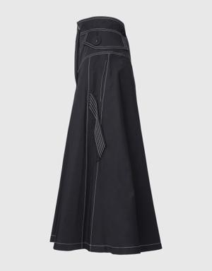 Contrast Stitch Detail High Waist Midi Length Black Skirt