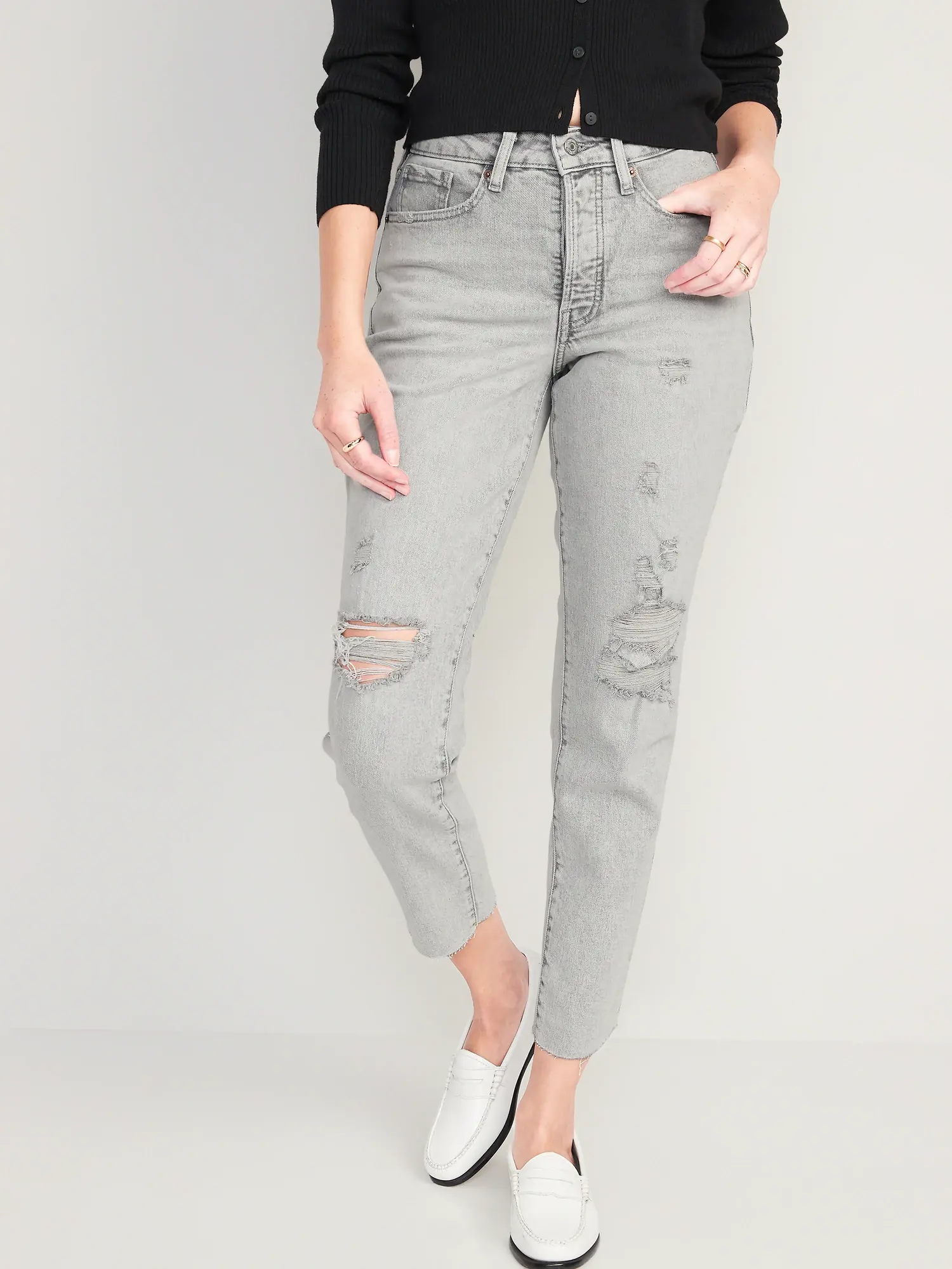 Old Navy Curvy High-Waisted Button-Fly OG Straight Ripped Gray Jeans for Women gray. 1