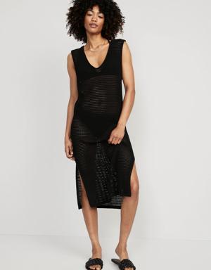 Sleeveless Crochet Midi Swim Cover-Up Dress for Women black