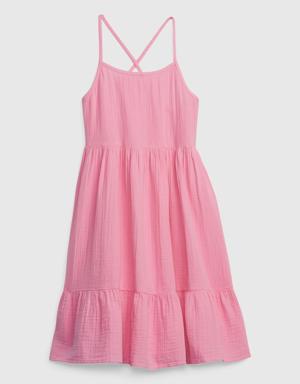 Kids Crinkle Gauze Tiered Midi Dress pink
