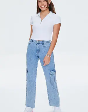 Forever 21 Cargo Straight Leg Jeans Light Denim