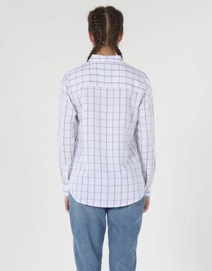 Regular Fit Shirt Neck Kareli Beyaz Kadın Uzun Kol Gömlek