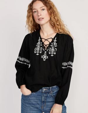 Lace-Up Embroidered Poet Blouse for Women black