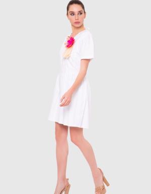 Pleated, Feathered Brooch Detailed White Poplin Dress