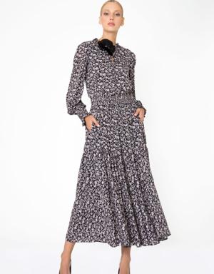 Collar Applique Detailed Floral Patterned Long Dress with Pocket