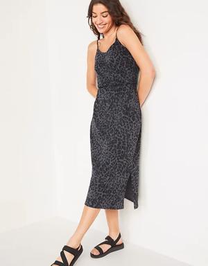 Waist-Defined Leopard-Print Slub-Knit Midi Cami Dress for Women gray