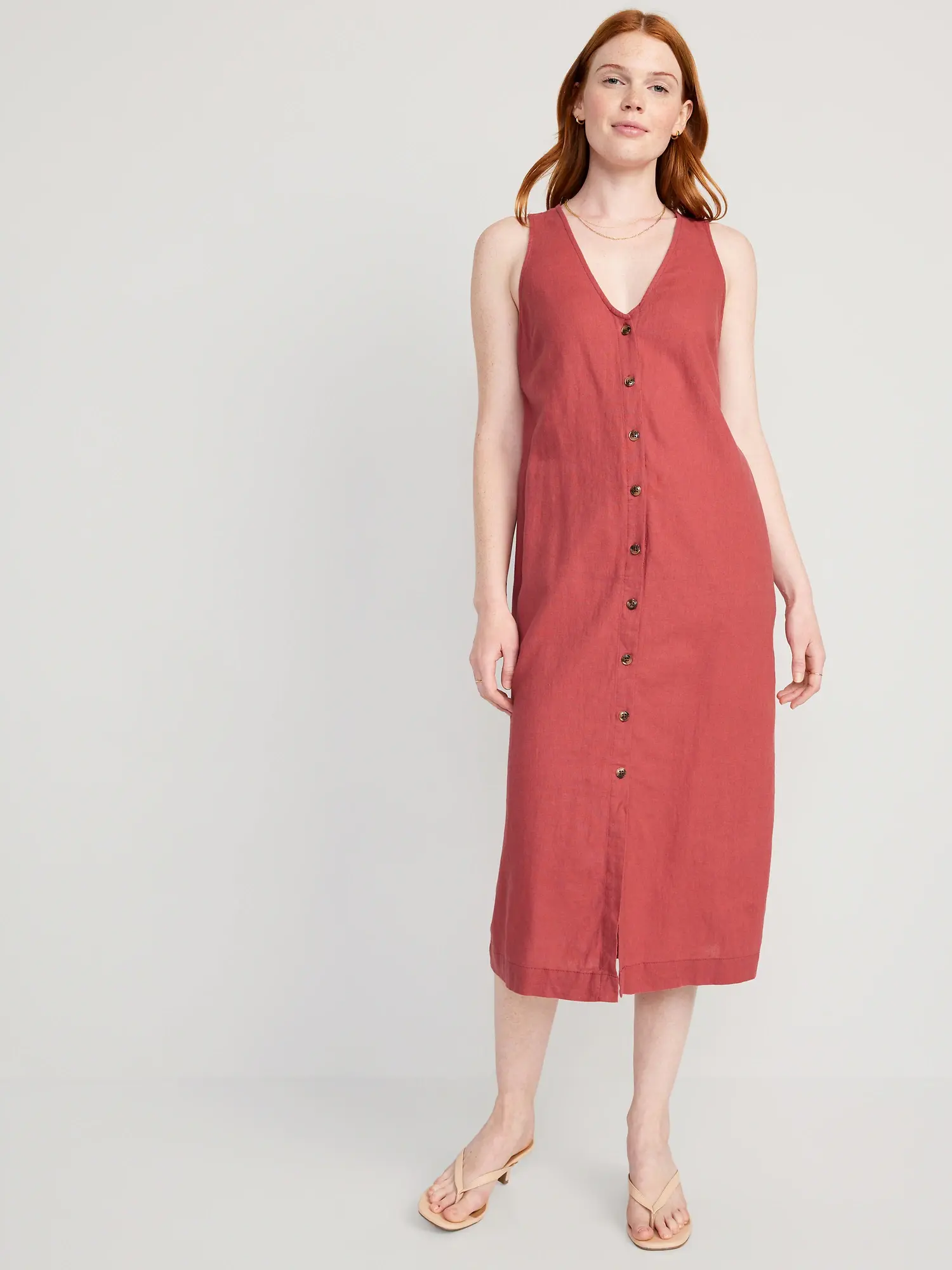 Old Navy Sleeveless Button-Front Linen-Blend Maxi Shift Dress for Women pink. 1