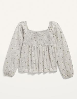 Smocked Floral-Print Jersey Long-Sleeve Top for Girls gray