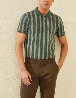 Yeşil Desen Çizgili Standart Kalıp Polo Yaka Erkek T-Shirt - 87805