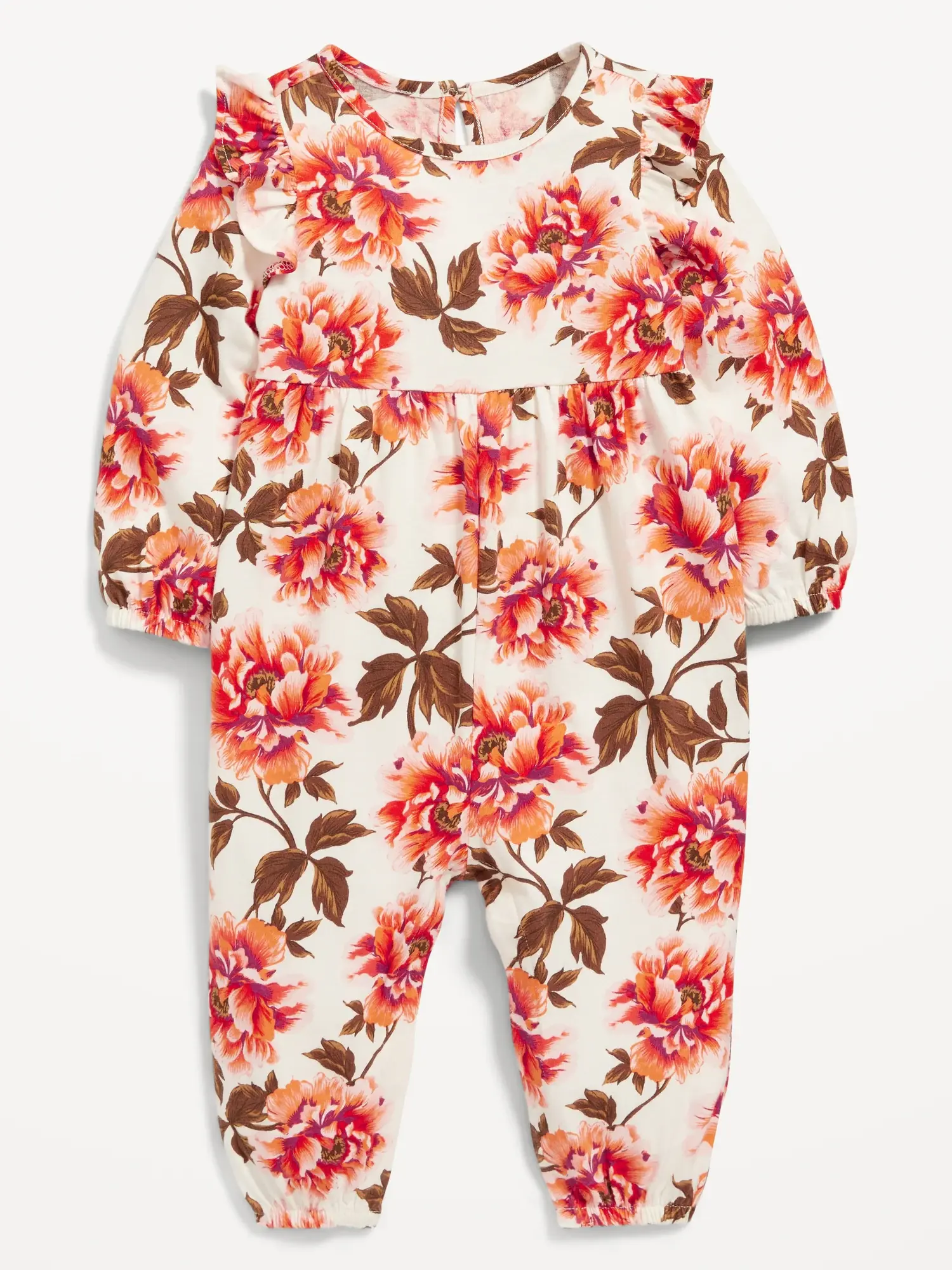 Old Navy Printed Long-Sleeve Ruffle-Trim Jumpsuit for Baby pink. 1