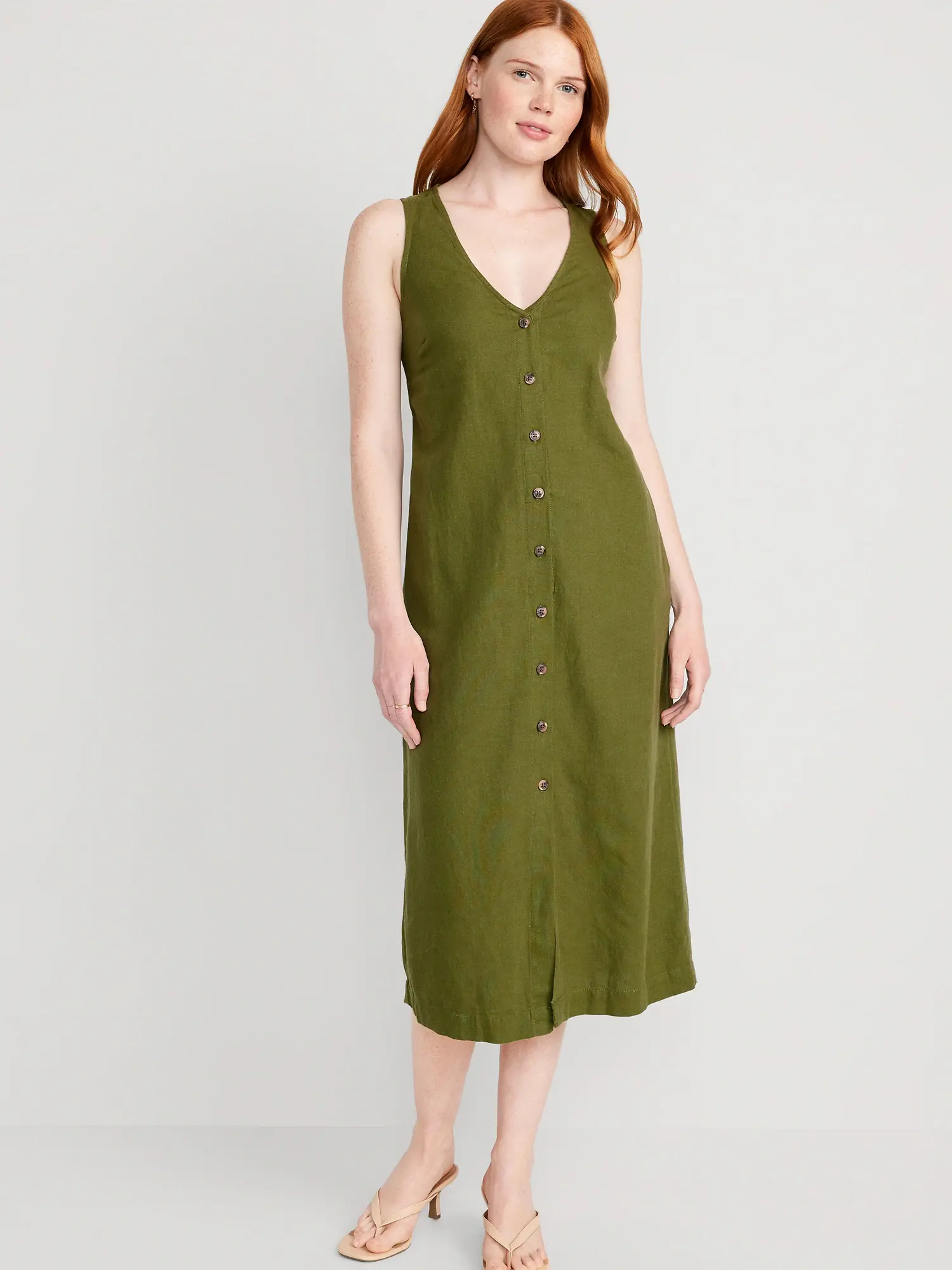 Old Navy Sleeveless Button-Front Linen-Blend Maxi Shift Dress for Women green. 1