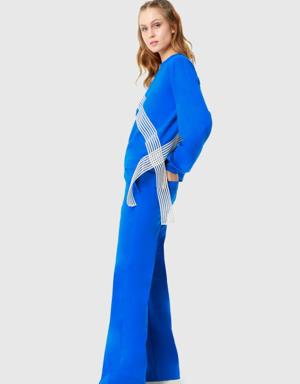 Knitted Saks Blue Tracksuit With One Shoulder Open Strip Accessory Detailed Sweatshirt and Trousers