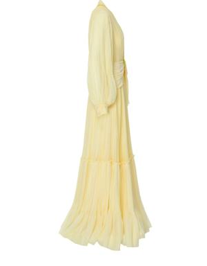 Long Yellow Evening Dress With V-Neck Pleats