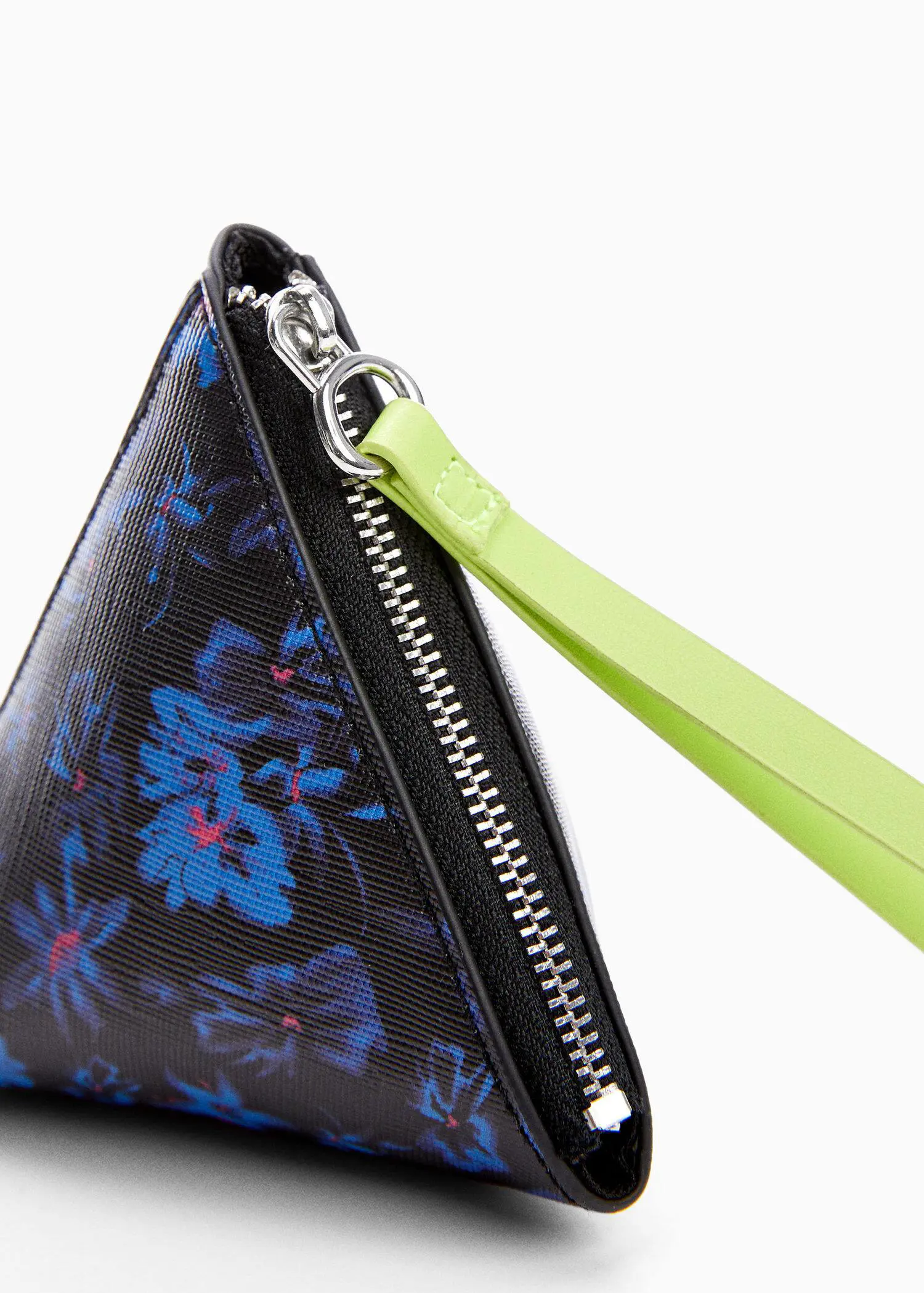 Mango Saffiano triangular coin purse. a close-up view of a purse with a neon green strap. 