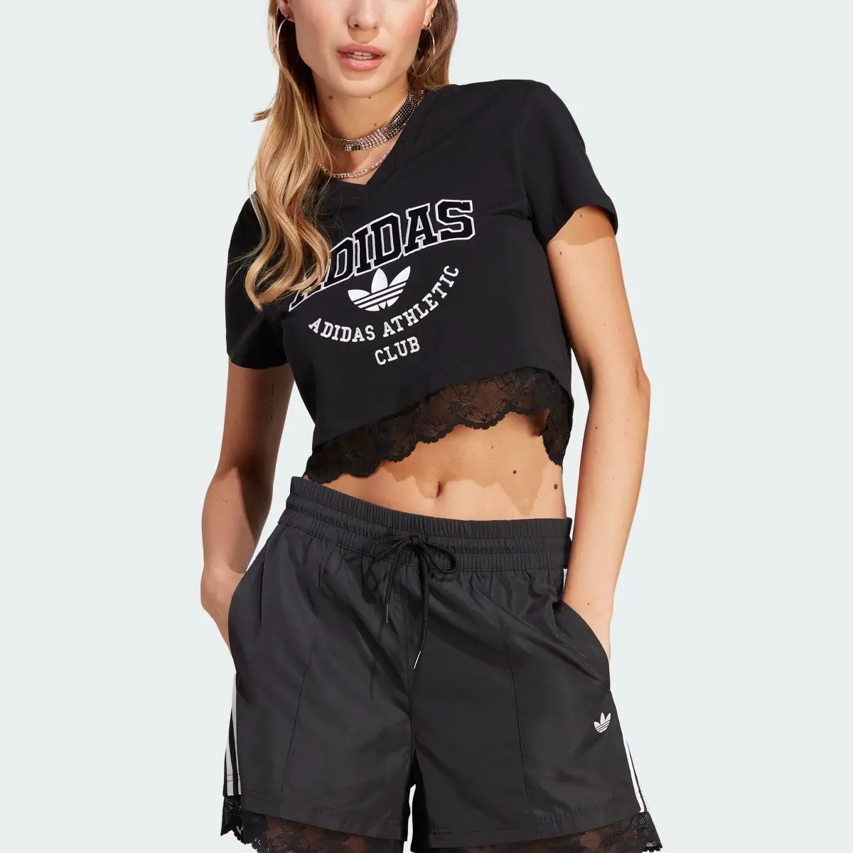 Adidas Cropped Lace Trim Tee. 1