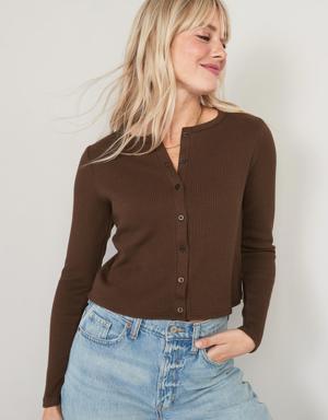 Cropped Rib-Knit Button-Down T-Shirt for Women brown