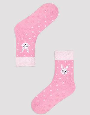 Pembe Tavşan Desenli Soket Çorap