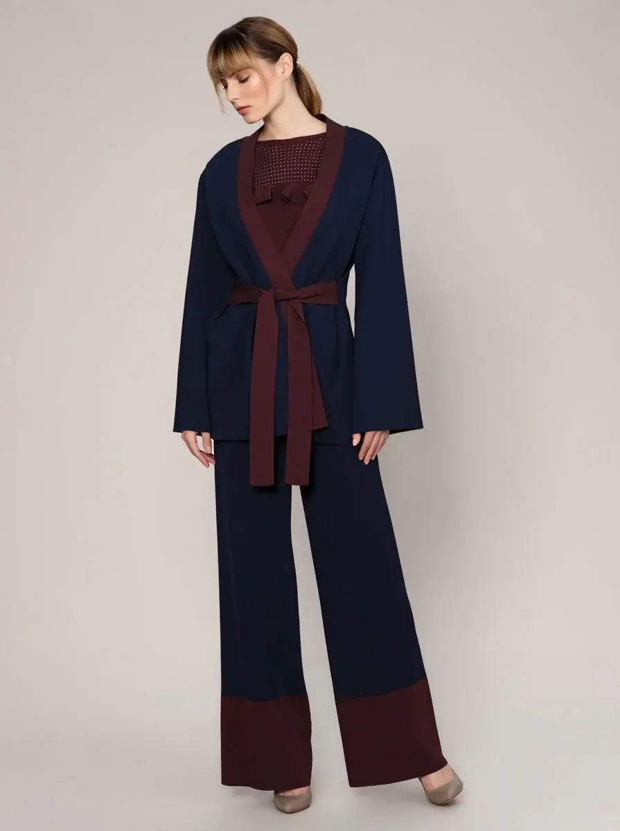 Roman Belted Navy Knit Cardi - 1 / NAVY BLUE-BURGUNDY. 1