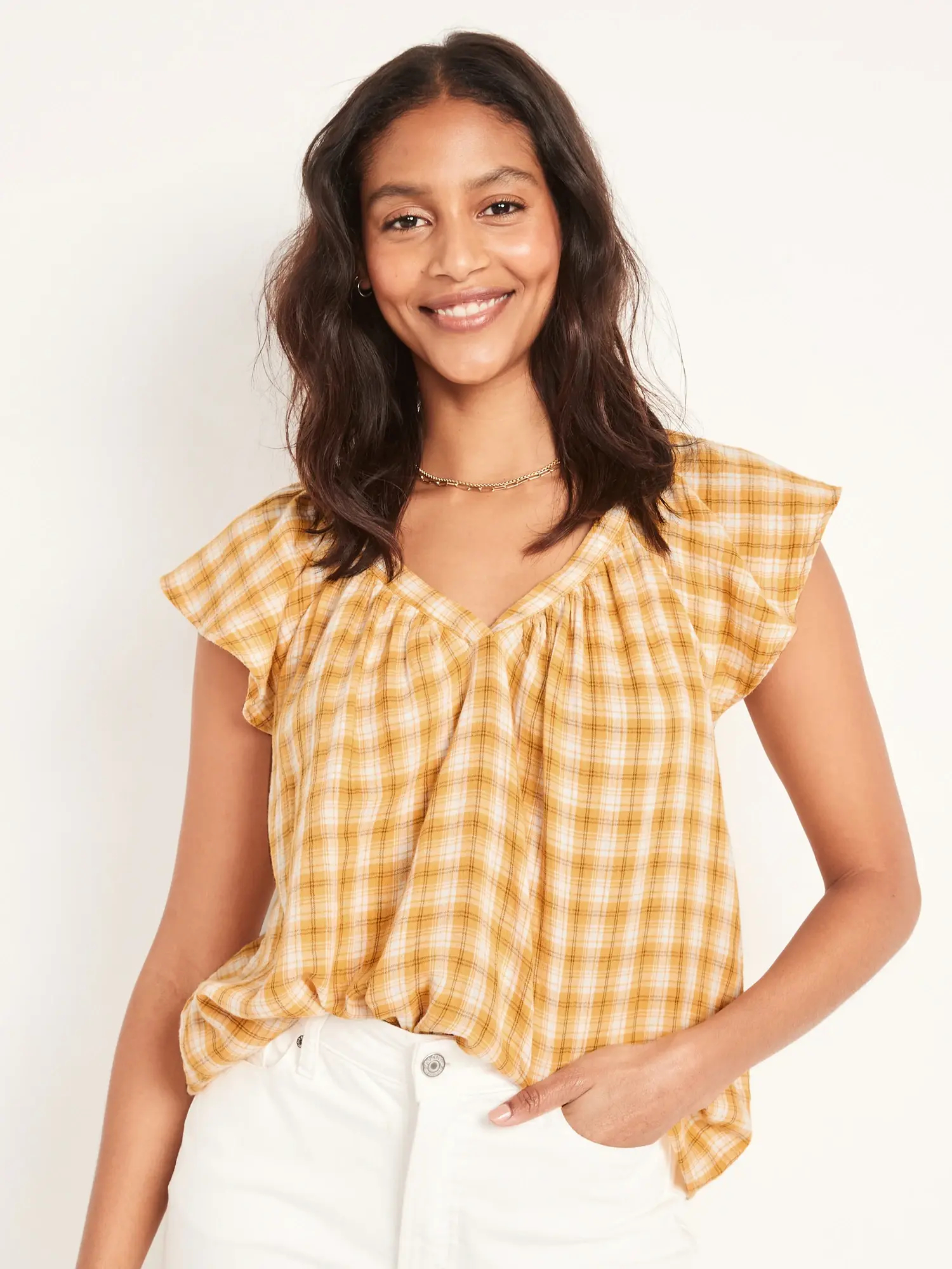 Old Navy Loose Check-Pattern Flutter-Sleeve Top for Women yellow. 1