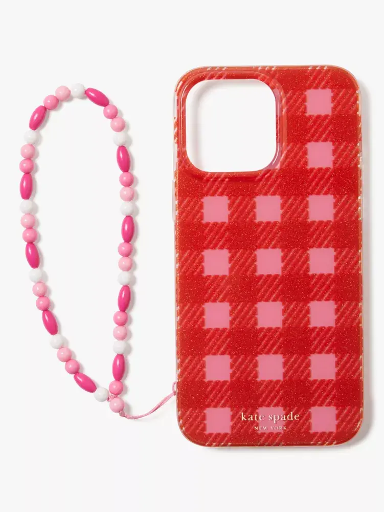 Kate Spade Sam Icon Glitter Gingham iPhone 14 Pro Wristlet Case. 1