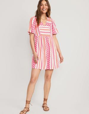 Flutter-Sleeve V-Neck Jacquard Mini Swing Dress for Women pink