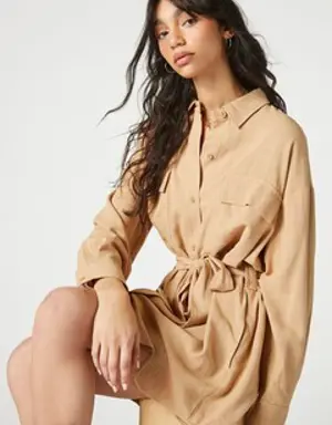 Forever 21 Tie Waist Mini Shirt Dress Beige