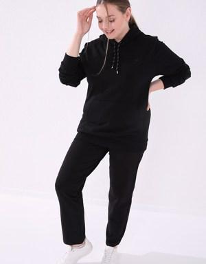 Siyah Cepli Rahat Form Klasik Paça Kadın Büyük Beden Eşofman Alt - 94017