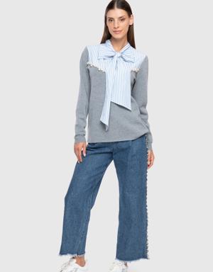 Bow Detailed Gray Blouse