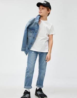 Kot Pantolon Yıpratılmış Detaylı Pamuklu Cepli - Slim Jean Beli Ayarlanabilir Lastikli