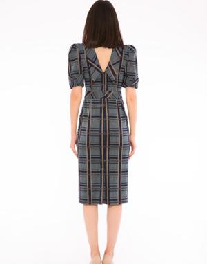 Plaid Fabric, Standing Collar, Double Sleeve Detailed Midi Length Pencil Dress