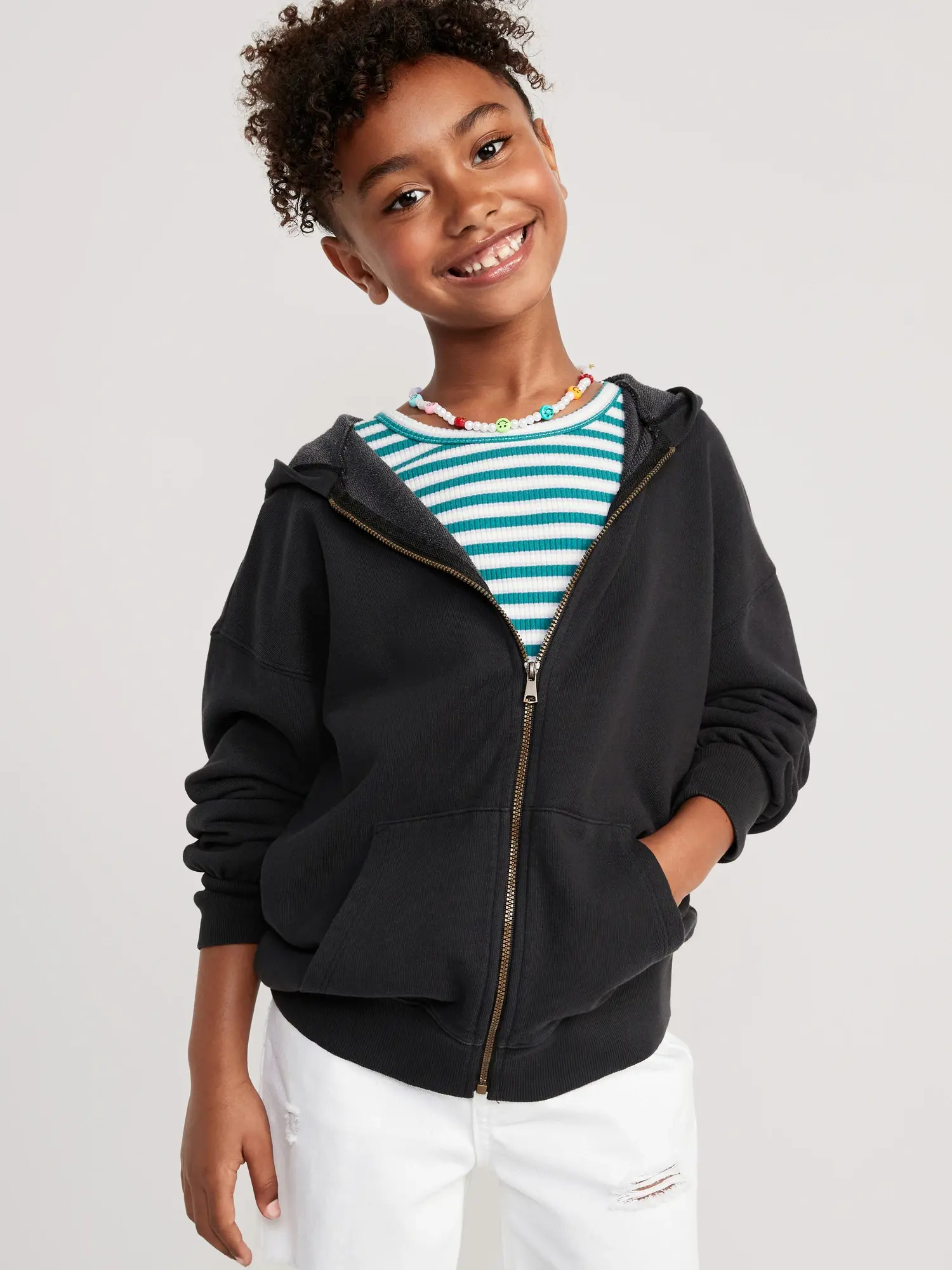 Old Navy French Terry Zip Tunic Hoodie for Girls black. 1
