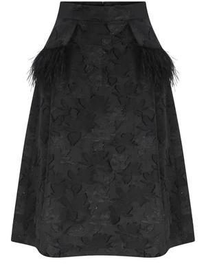 Feather Detailed Black Midi Skirt