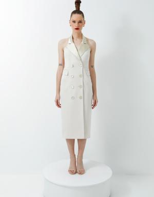 Satin Collar Detailed Off-the-Shoulder Midi Length Beige Coat Dress