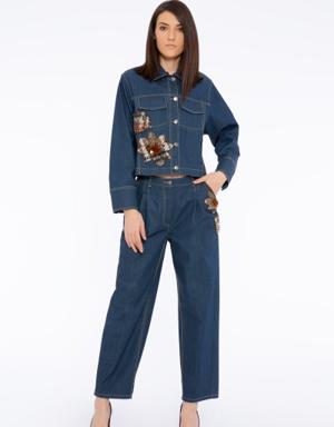 Plaid Embroidery Detail Pleated Carrot Type Jean Trousers