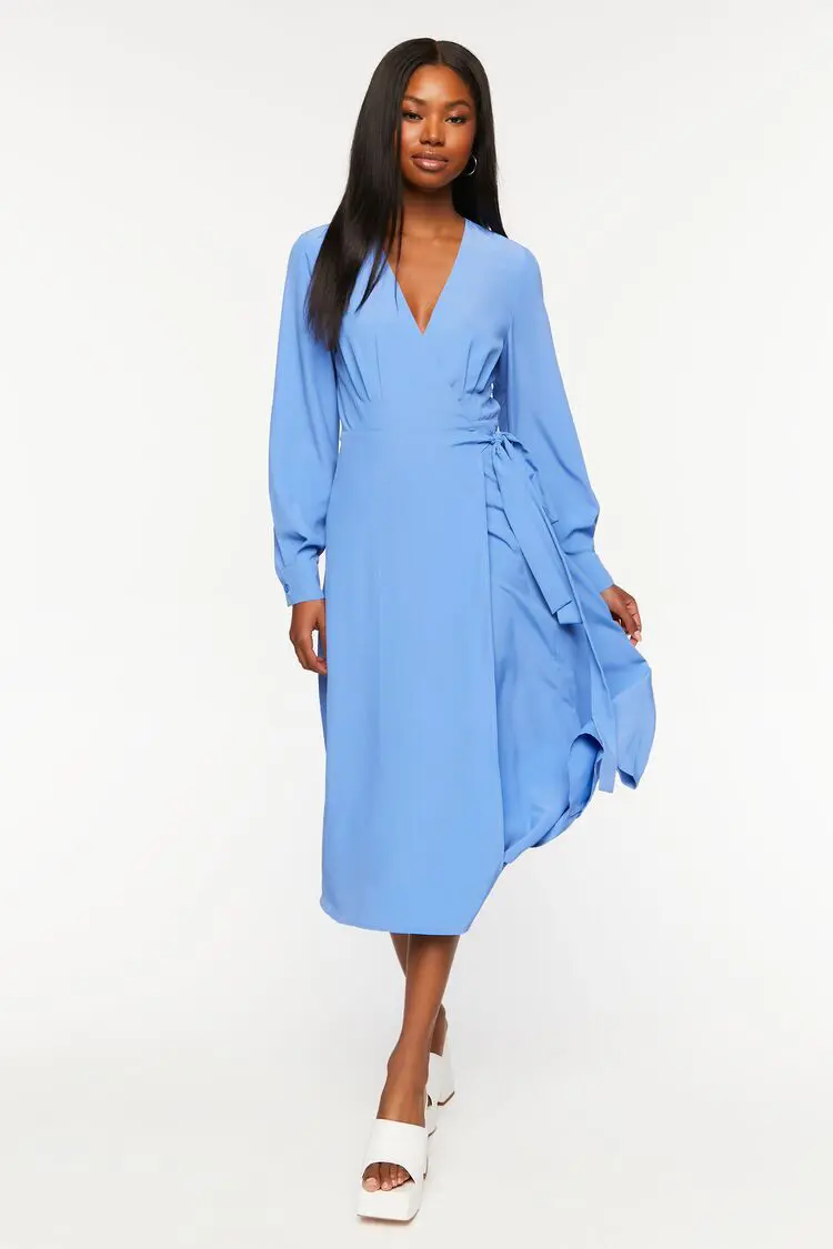 Forever 21 Forever 21 Surplice Long Sleeve Wrap Midi Dress Blue. 1