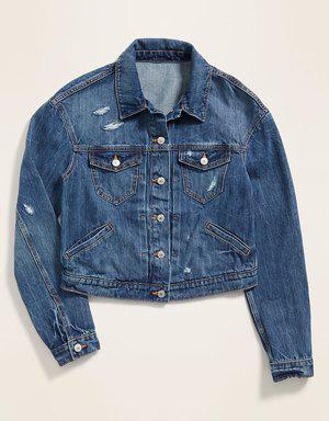 Cropped Distressed Jean Jacket for Women blue