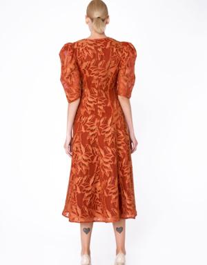 Stripe Detailed Lace Fabric Orange Midi Dress