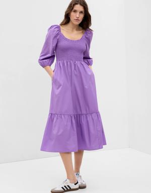 Puff Sleeve Smocked Midi Dress purple
